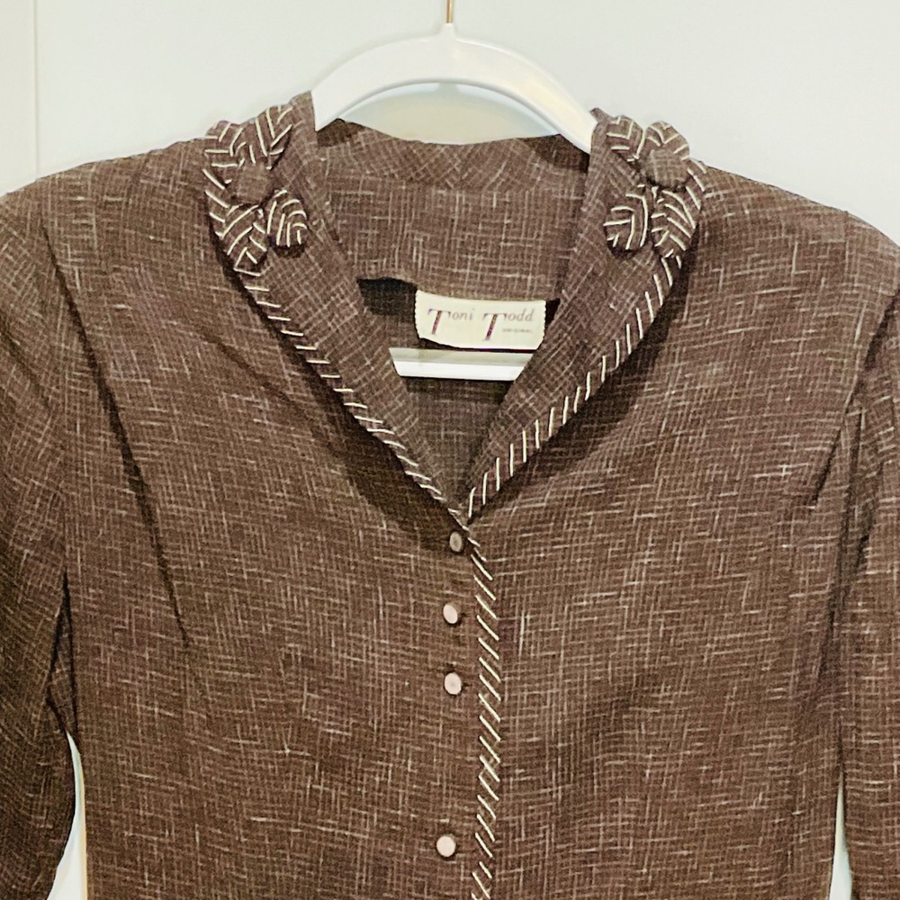 TONI TODD Original vintage 1940s brown button up rayon bows‎ maxi pockets dress - Picture 10 of 16